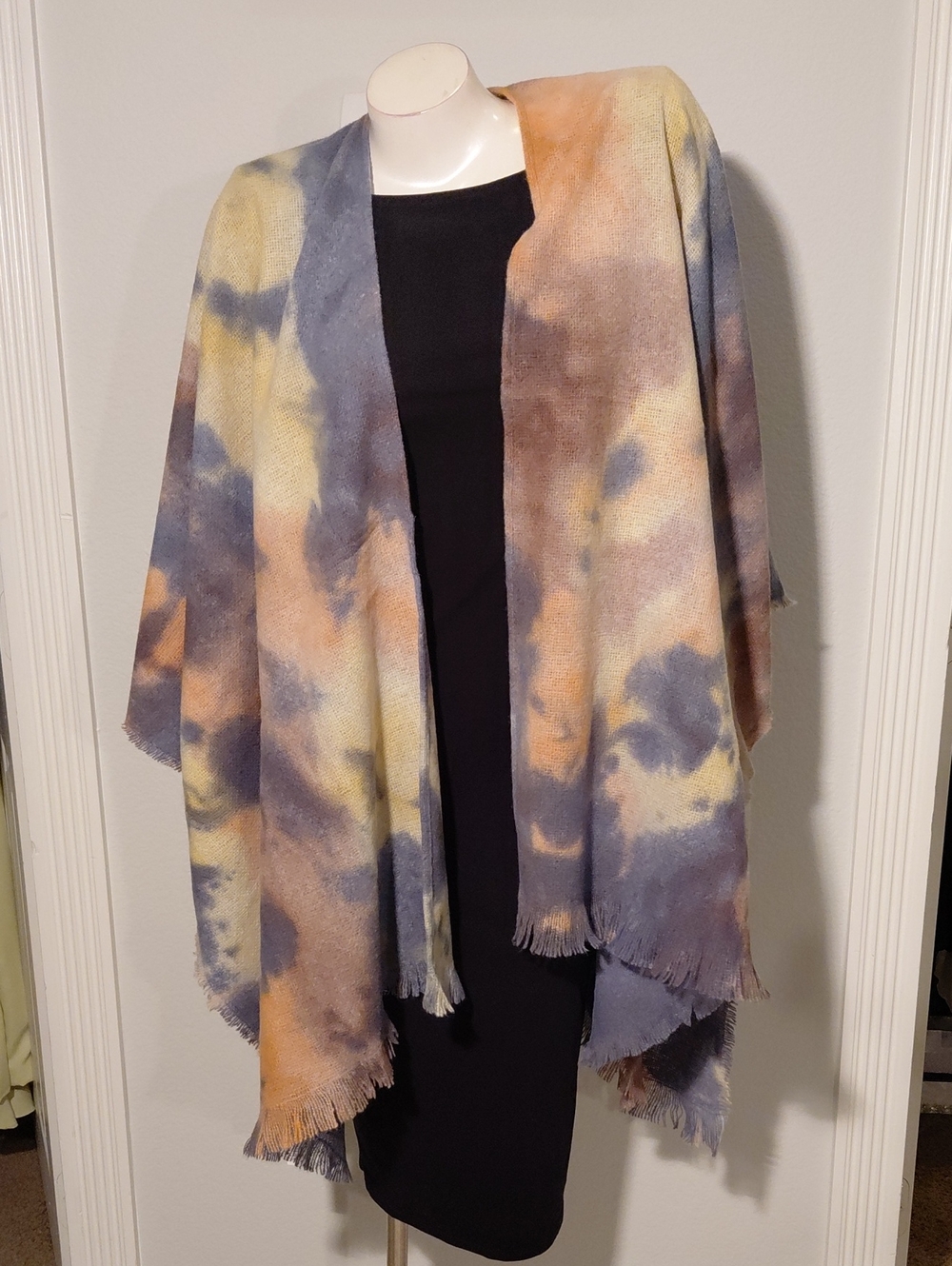 Tie-Dye Fringed Shawl Wrap in Blue, Tan & Cream